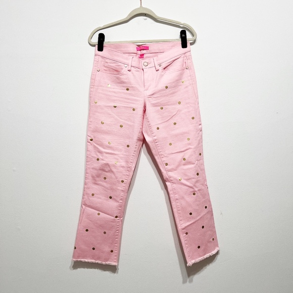 Lilly Pulitzer South Ocean Cotton Stretch Straight Leg Crop Gold Polka Dot Jeans - Picture 1 of 4